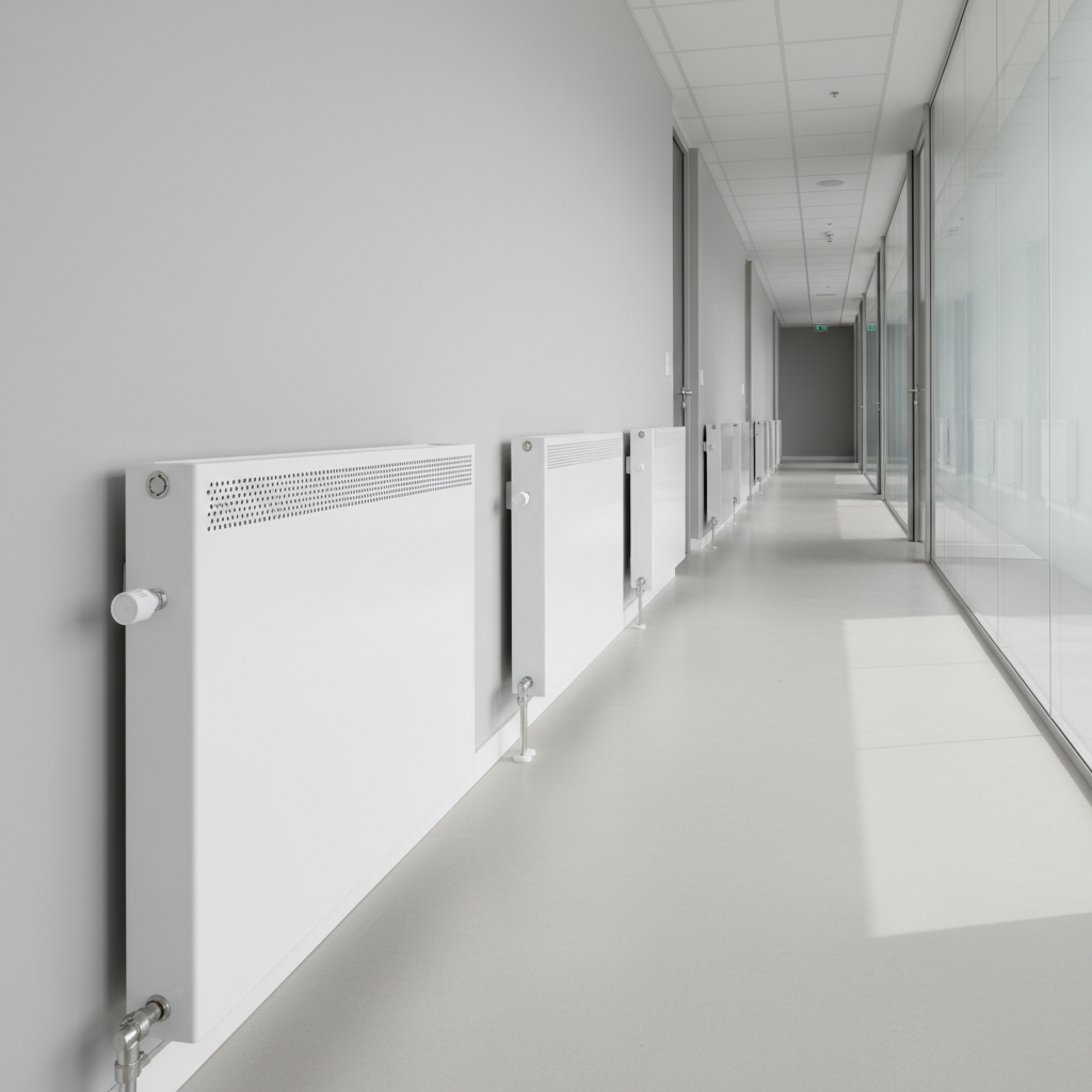 An array of high-efficiency panel radiators finished in satin white, perfectly aligned along a freshly painted pale grey wall in a modern office corridor. The radiators feature minimalist temperature control knobs and finely perforated air vents. Natural daylight spills through a frosted-glass partition, casting soft, elongated shadows and adding depth to the scene. The photographic composition uses a vanishing point perspective to create a sense of order and precision. The atmosphere is clean and businesslike, showcasing the practical, aesthetic integration of heating systems in corporate environments with a realistic, contemporary style.