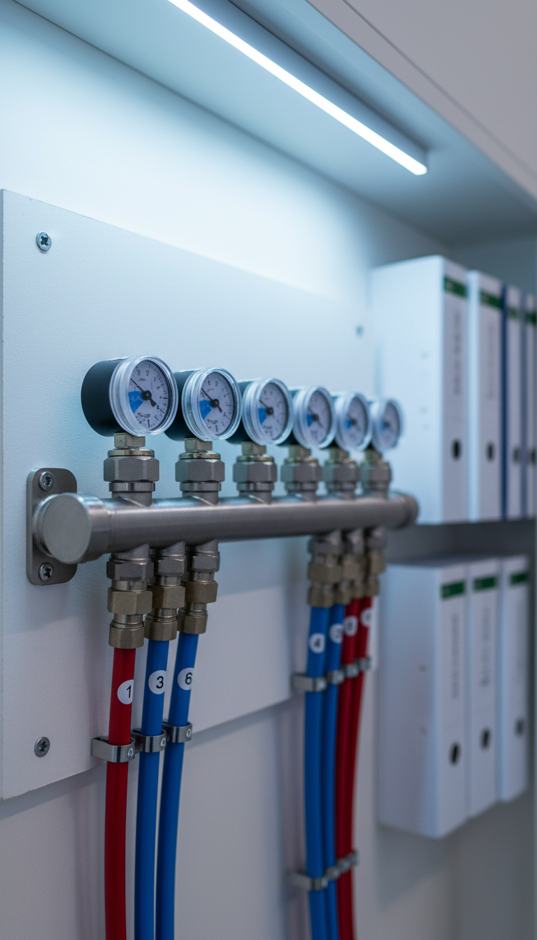 A detailed macro shot of a radiant floor heating manifold system, featuring brushed steel manifold bars anchored to a white mdf panel with clearly labeled flow meters and color-coded PEX tubing. The background reveals tidy wall-mounted documentation in a minimalist mechanical access niche. Focused, cool-toned LED task lighting emphasizes the clarity of the components and the precision of installation. The image exudes a mood of efficiency and advanced engineering, shot with a shallow depth of field to highlight the manifold details while softly blurring the background. The photographic corporate style aligns with the professional service ethos of the engineering firm.