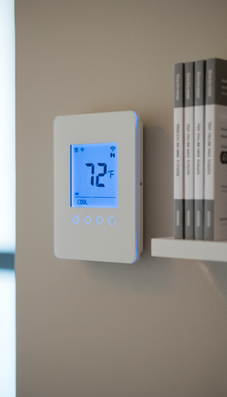 A close-up of a digital wall-mounted thermostat with a matte white casing and an illuminated blue LCD display, mounted on a smooth, neutral-toned plaster wall. The background features a sleek, minimalistic tray of system manuals and technical guides neatly stacked on a floating shelf. Subtle diffused daylight from a nearby window creates soft highlights along the thermostat’s edges, enhancing legibility of the display. The mood is calm, refined, and technologically advanced, with the image shot in a tight, focused composition at a slight angle to emphasize the device’s modern design. This clean, corporate photographic style underscores the site’s engineering professionalism.