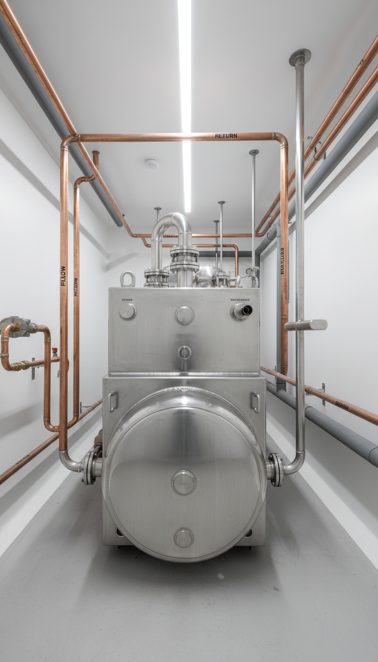A state-of-the-art stainless steel boiler unit with a brushed metallic finish and clean, precise welds, featured prominently in an immaculate white-walled mechanical room. The room is organized with neatly labeled copper piping and subtle matte grey insulation running along the walls, reflecting the high standards of engineering. Soft, cool white LED ceiling lights provide even illumination, casting crisp shadows and gentle highlights that accentuate the polished surfaces. The mood is professional and orderly, with the image captured at eye level in a balanced, centered composition. The photographic realism emphasizes a corporate, structured aesthetic that reflects advanced heating system solutions for business clients.