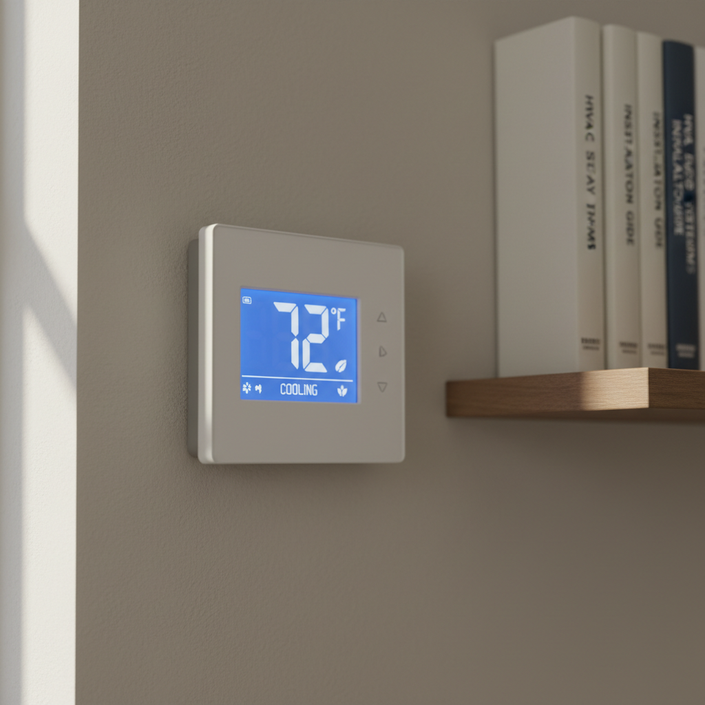 A close-up of a digital wall-mounted thermostat with a matte white casing and an illuminated blue LCD display, mounted on a smooth, neutral-toned plaster wall. The background features a sleek, minimalistic tray of system manuals and technical guides neatly stacked on a floating shelf. Subtle diffused daylight from a nearby window creates soft highlights along the thermostat’s edges, enhancing legibility of the display. The mood is calm, refined, and technologically advanced, with the image shot in a tight, focused composition at a slight angle to emphasize the device’s modern design. This clean, corporate photographic style underscores the site’s engineering professionalism.