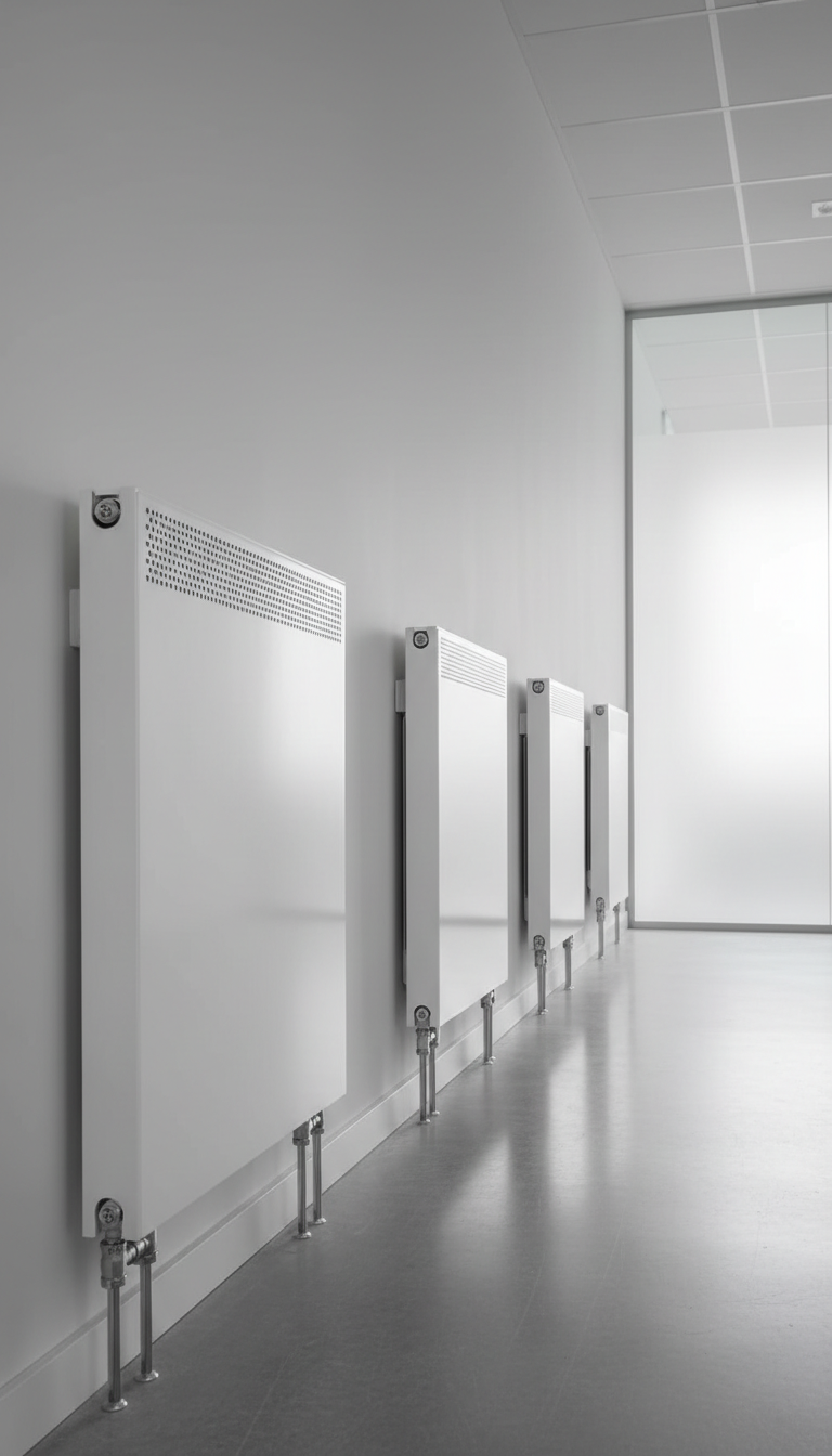 An array of high-efficiency panel radiators finished in satin white, perfectly aligned along a freshly painted pale grey wall in a modern office corridor. The radiators feature minimalist temperature control knobs and finely perforated air vents. Natural daylight spills through a frosted-glass partition, casting soft, elongated shadows and adding depth to the scene. The photographic composition uses a vanishing point perspective to create a sense of order and precision. The atmosphere is clean and businesslike, showcasing the practical, aesthetic integration of heating systems in corporate environments with a realistic, contemporary style.